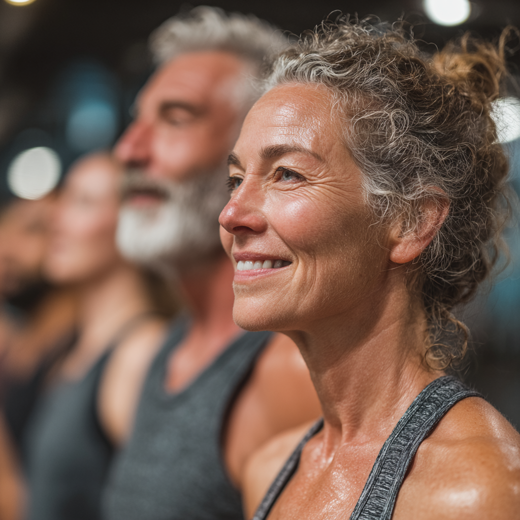 Mature adults aged 40-55 engaging in group fitness training session in a modern gym, showing diverse people exercising together with positive expressions