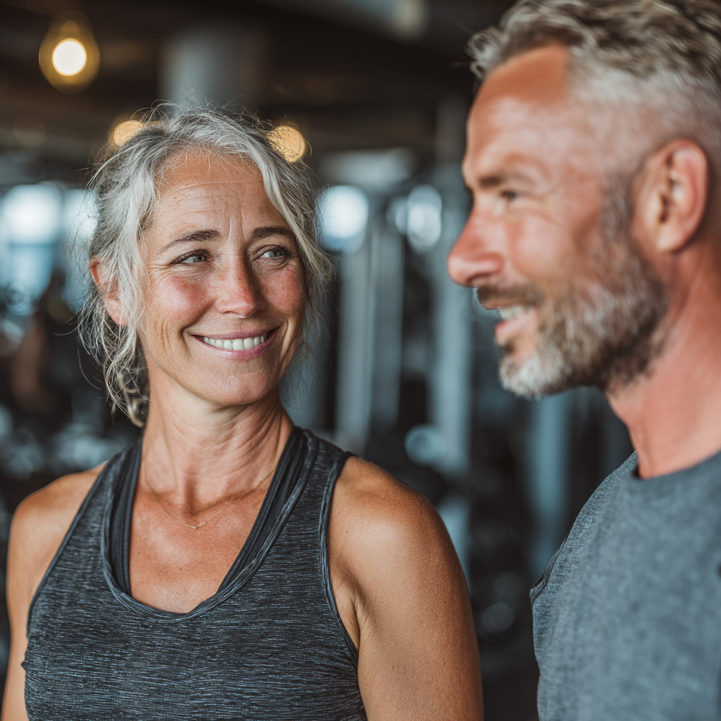 Professional fitness instructor working with mature adults aged 45-50 in a bright, modern wellness center, showing personalized guidance and support